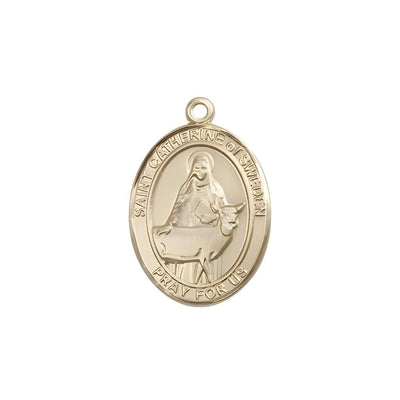 St. Catherine of Sweden 14kt Gold Oval Medal Pendant, Measures 3/4-inch tall by 1/2-inch wide, Bliss Manufacturing