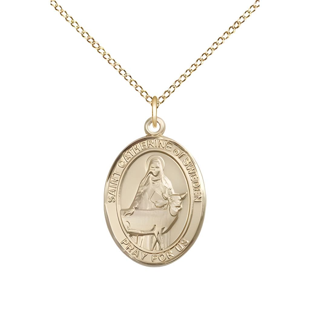 Bliss St. Catherine of Sweden 14kt Gold Oval Medal Pendant with 14kt Gold Chain, Measures 3/4-inch tall by 1/2-inch wide.