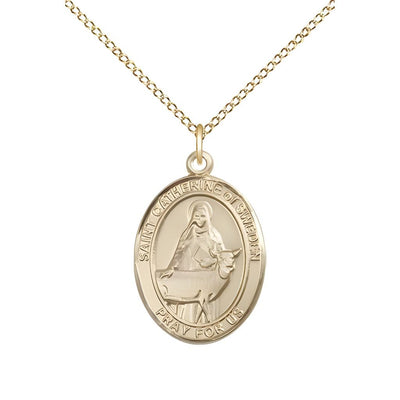 St. Catherine of Sweden 14kt Gold Oval Medal Pendant with 14kt Gold Chain, Measures 3/4-inch tall by 1/2-inch wide, Bliss Manufacturing