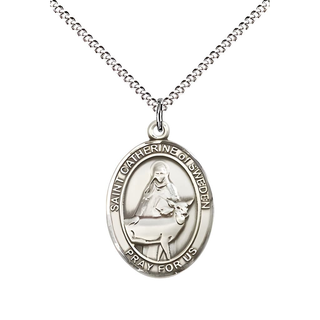 Bliss St. Catherine of Sweden Sterling Silver Oval Medal Pendant with Rhodium-plated Chain, Measures 3/4-inch tall by 1/2-inch wide.