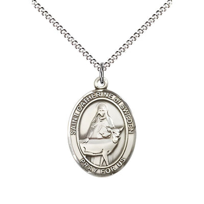 St. Catherine of Sweden Sterling Silver Oval Medal Pendant with Rhodium-plated Chain, Measures 3/4-inch tall by 1/2-inch wide, Bliss Manufacturing