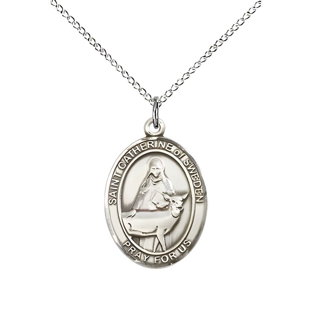 Bliss St. Catherine of Sweden Sterling Silver Oval Medal Pendant with Sterling Silver Chain, Measures 3/4-inch tall by 1/2-inch wide.