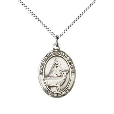St. Catherine of Sweden Sterling Silver Oval Medal Pendant with Sterling Silver Chain, Measures 3/4-inch tall by 1/2-inch wide, Bliss Manufacturing