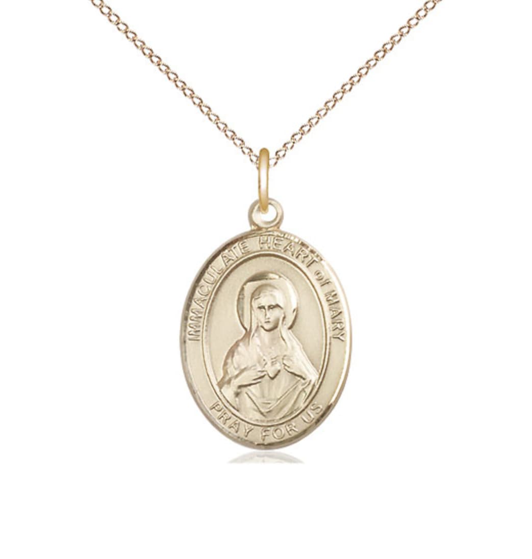 Bliss Immaculate Heart of Mary 14kt Gold Engravable Oval Medium Medal Pendant with 14kt ChaIn,