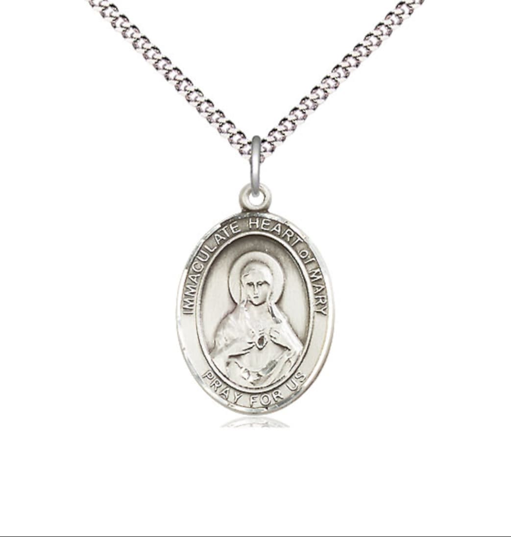 Bliss Immaculate Heart of Mary Sterling Silver medium Oval Engravable Medal Necklace with Plated Chain,