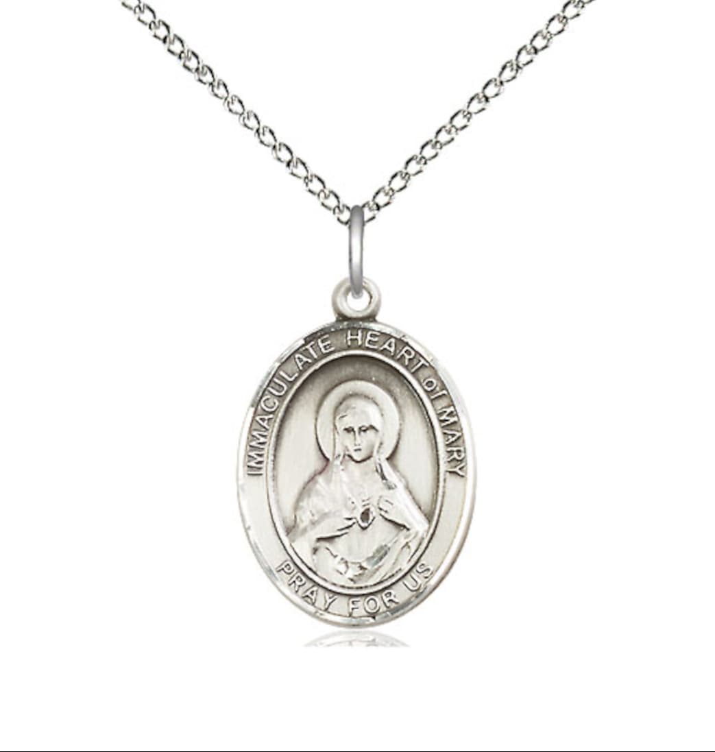 Bliss Immaculate Heart of Mary Sterling Silver Medium Oval Engravable Medal Necklace with Sterling Chain,