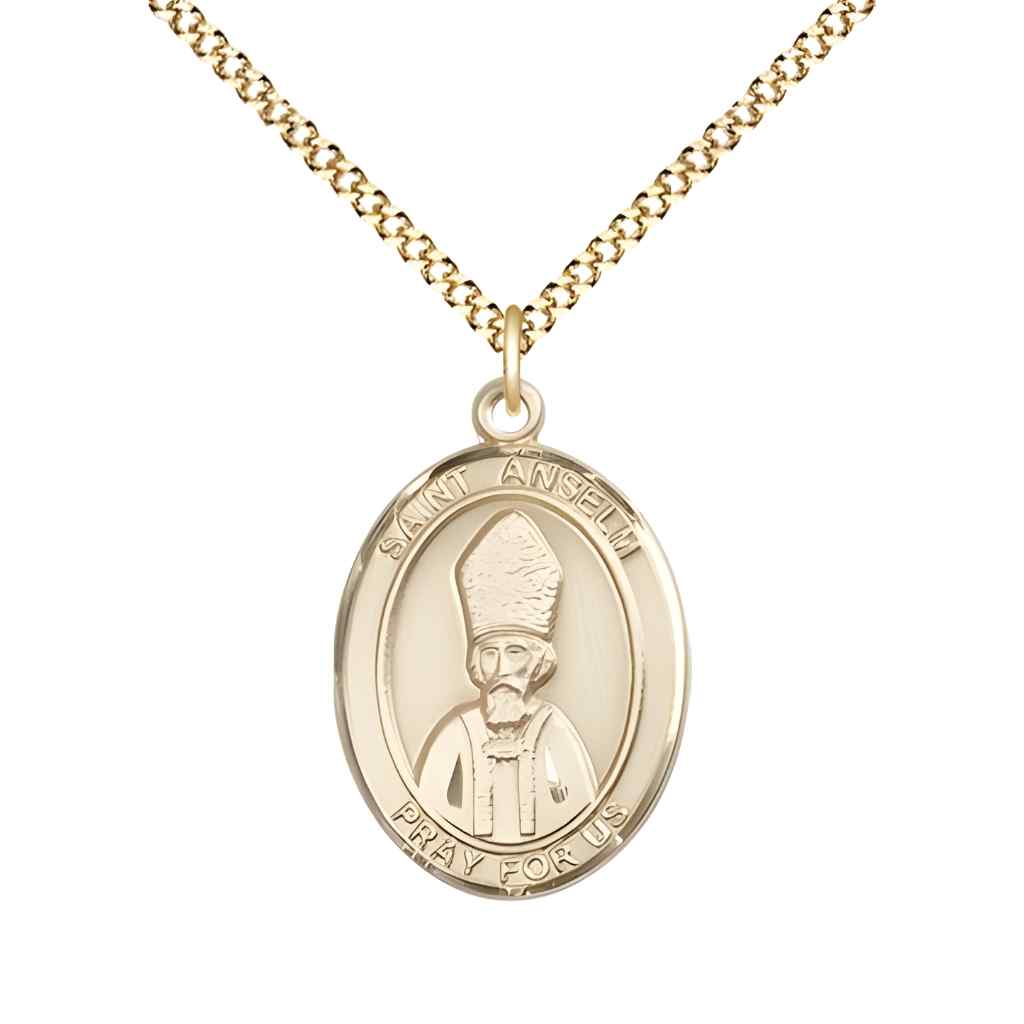 Medium Saint Anselm of Canterbury 14kt Gold-filled Oval Medal Pendant with Gold-plated Curb Chain with Deluxe Gift Box | Bliss Manufacturing
