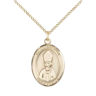Medium Saint Anselm of Canterbury 14kt Gold Oval Medal Pendant with 14kt Gold Curb Chain with Deluxe Gift Box | Bliss Manufacturing