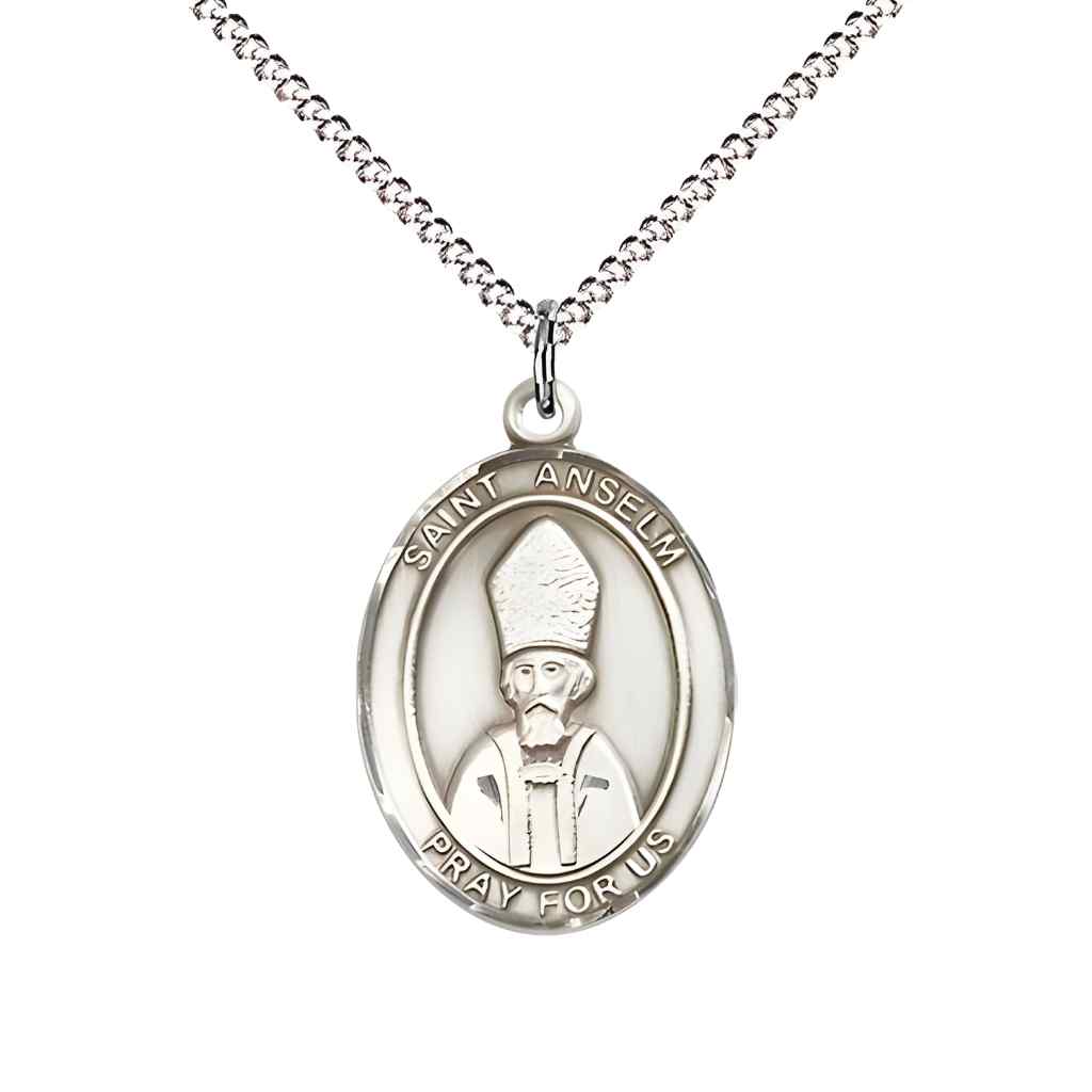 Medium Saint Anselm of Canterbury Pewter Oval Medal Pendant with Rhodium-plated Curb Chain with Deluxe Gift Box | Bliss Manufacturing