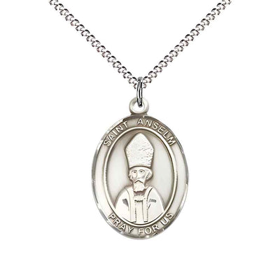 Medium Saint Anselm of Canterbury Pewter Oval Medal Pendant with Rhodium-plated Curb Chain with Deluxe Gift Box | Bliss Manufacturing