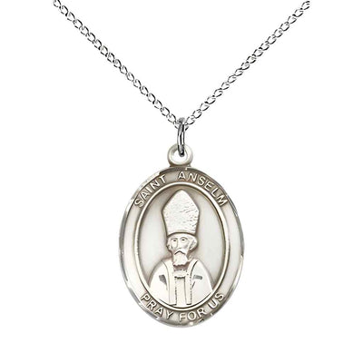 Medium Saint Anselm of Canterbury Sterling Silver Oval Medal Pendant with Sterling Silver Curb Chain with Deluxe Gift Box | Bliss Manufacturing