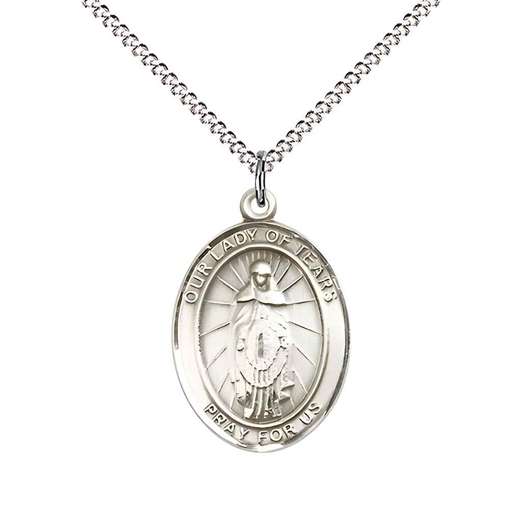Medium Our Lady of Tears Pewter Oval Medal Pendant with Rhodium-plated Curb Chain with Deluxe Gift Box | Bliss Manufacturing
