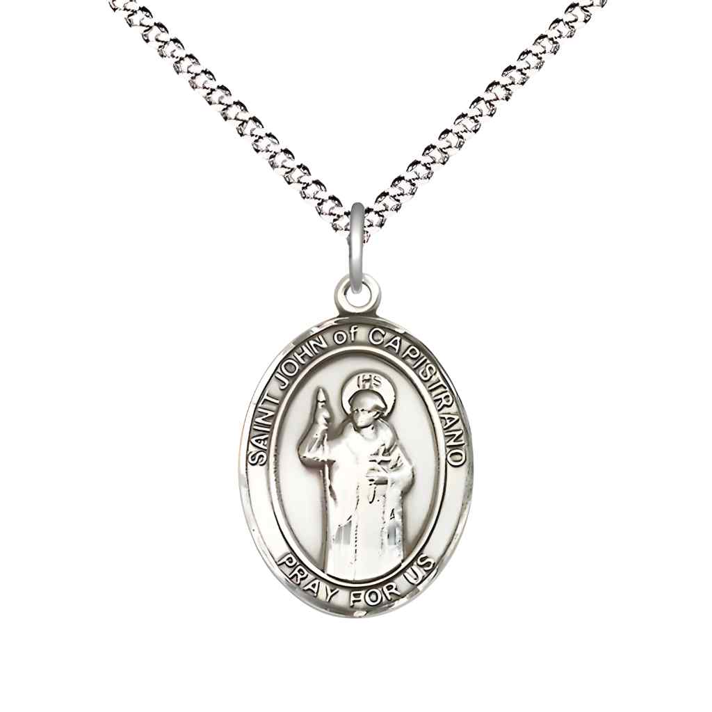 Medium Saint John of Capistrano Pewter Oval Medal Pendant with Rhodium-plated Curb Chain with Deluxe Gift Box | Bliss Manufacturing