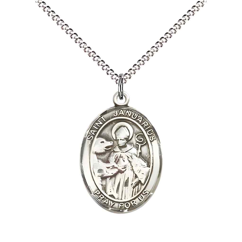 Medium St. Januarius Pewter Oval Medal Necklace with plated chain & optional engraving. Made in the USA with a deluxe gift box