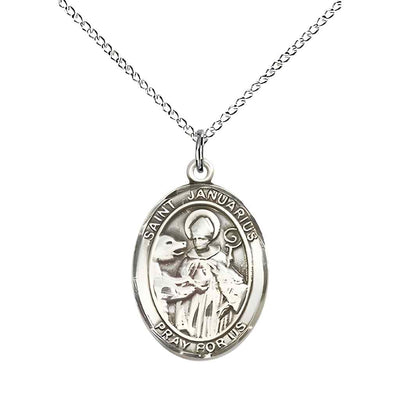 Medium St. Januarius Sterling Silver Oval Medal Necklace with sterling silver chain & optional engraving. Made in the USA with a deluxe gift box
