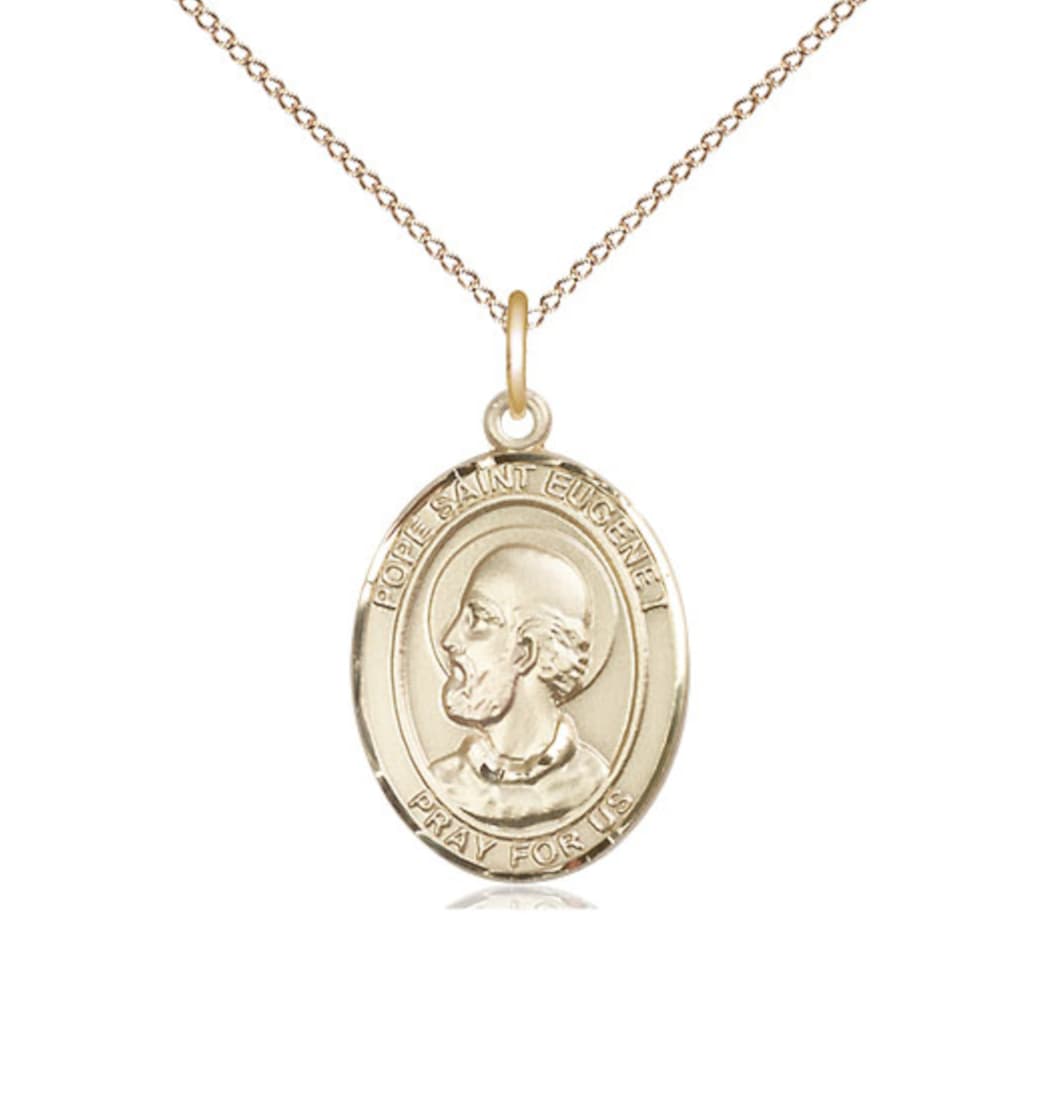 Medium Bliss Pope St Eugene I 14kt Gold Engravable Oval Medal 14kt Gold Chain,