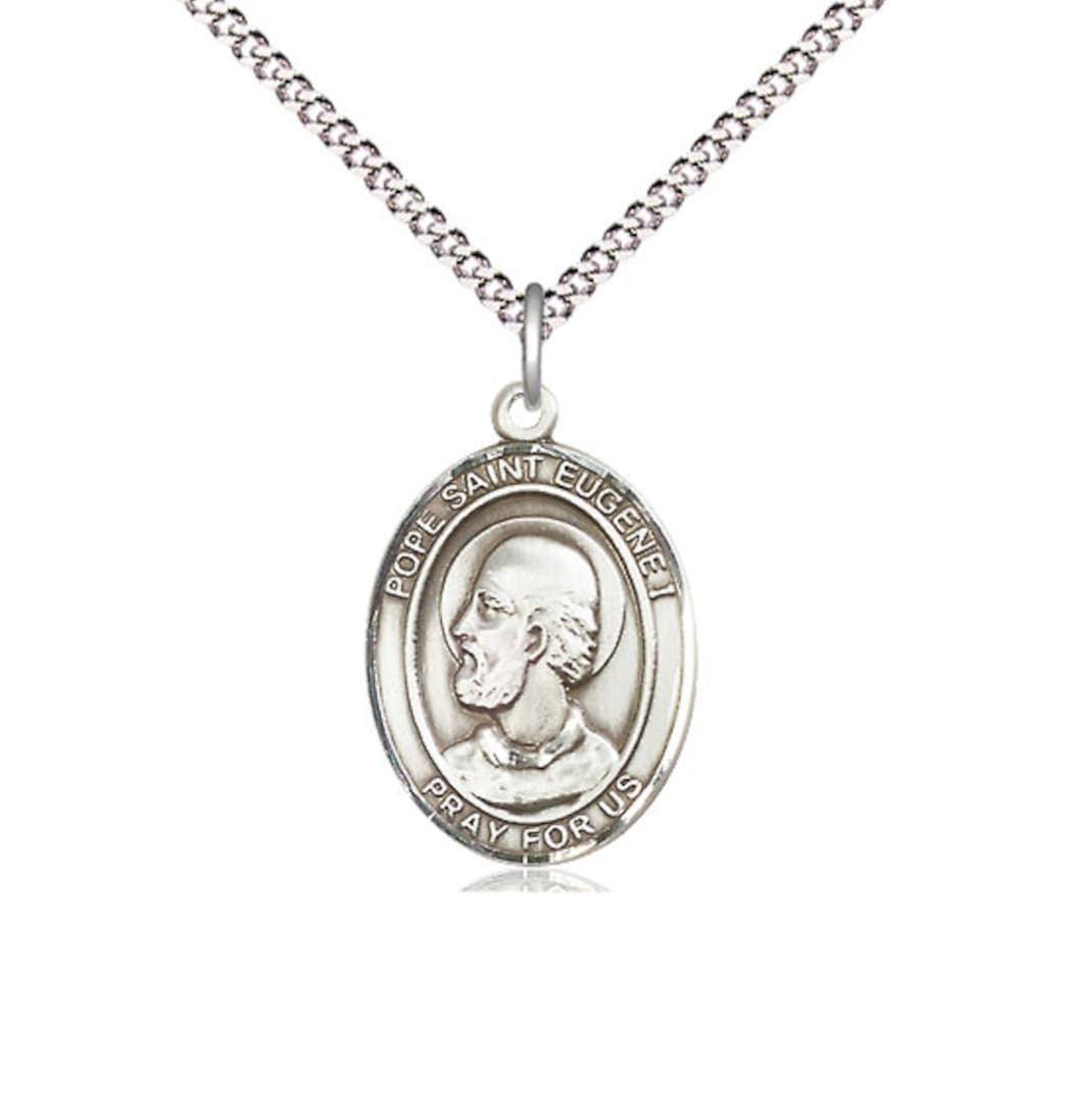 Medium Bliss Pope St Eugene I Pewter Oval Engravable Medal Necklace,