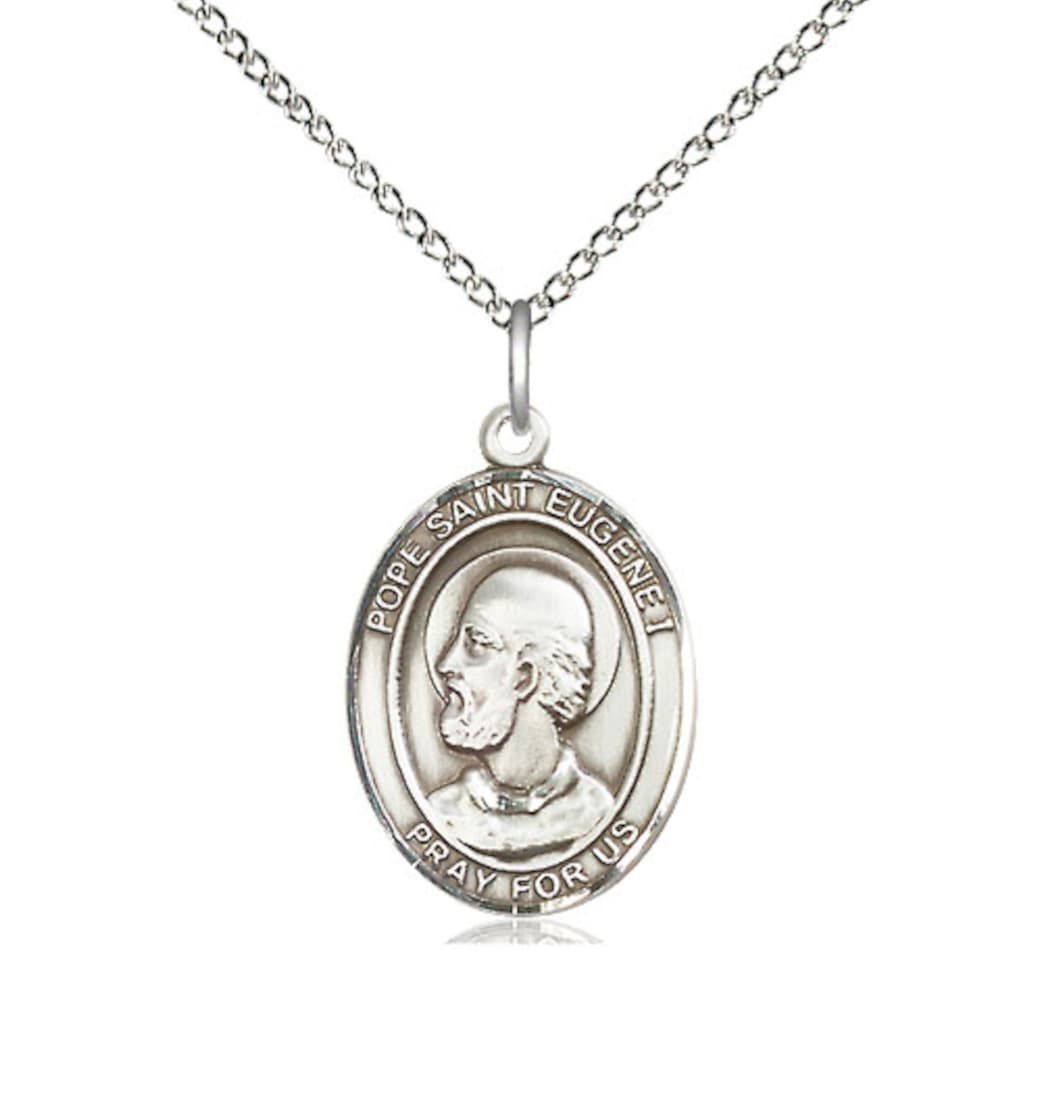 Medium Bliss Pope St Eugene I Sterling Silver Oval Engravable Medal Necklace with Sterling Silver Chain,