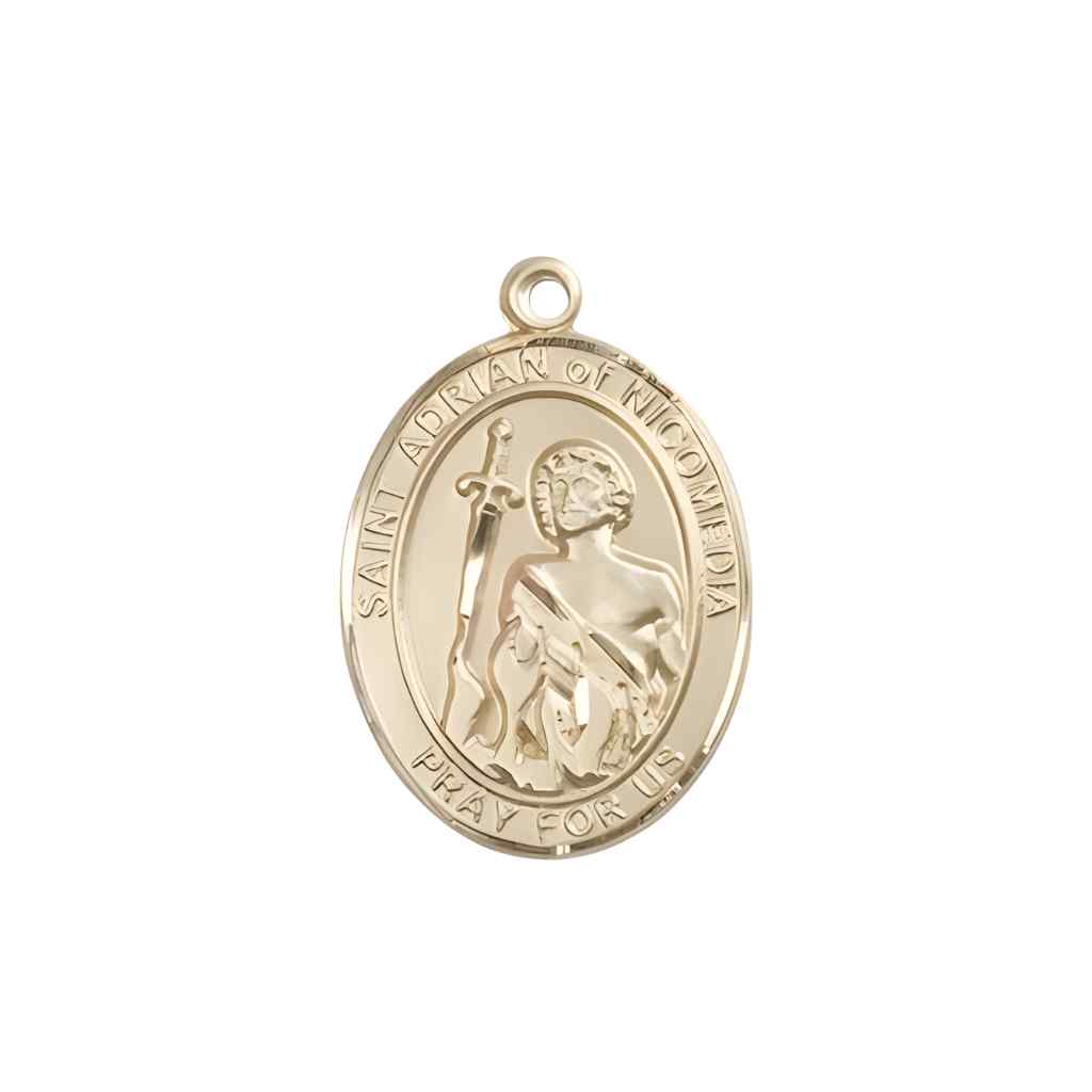 Medium Saint Adrian of Nicomedia 14kt Gold Oval Medal Pendant comes with Deluxe Gift Box | Bliss Manufacturing