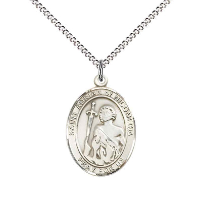 Medium Saint Adrian of Nicomedia Sterling Silver Oval Medal Pendant with 18" Rhodium-plated Curb Chain with Deluxe Gift Box | Bliss Manufacturing