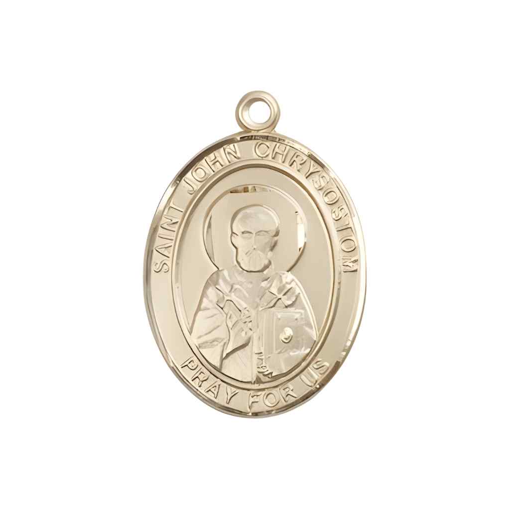 Medium John Chrysostom 14kt Gold Oval Medal Pendant comes with Deluxe Gift Box | Bliss Manufacturing