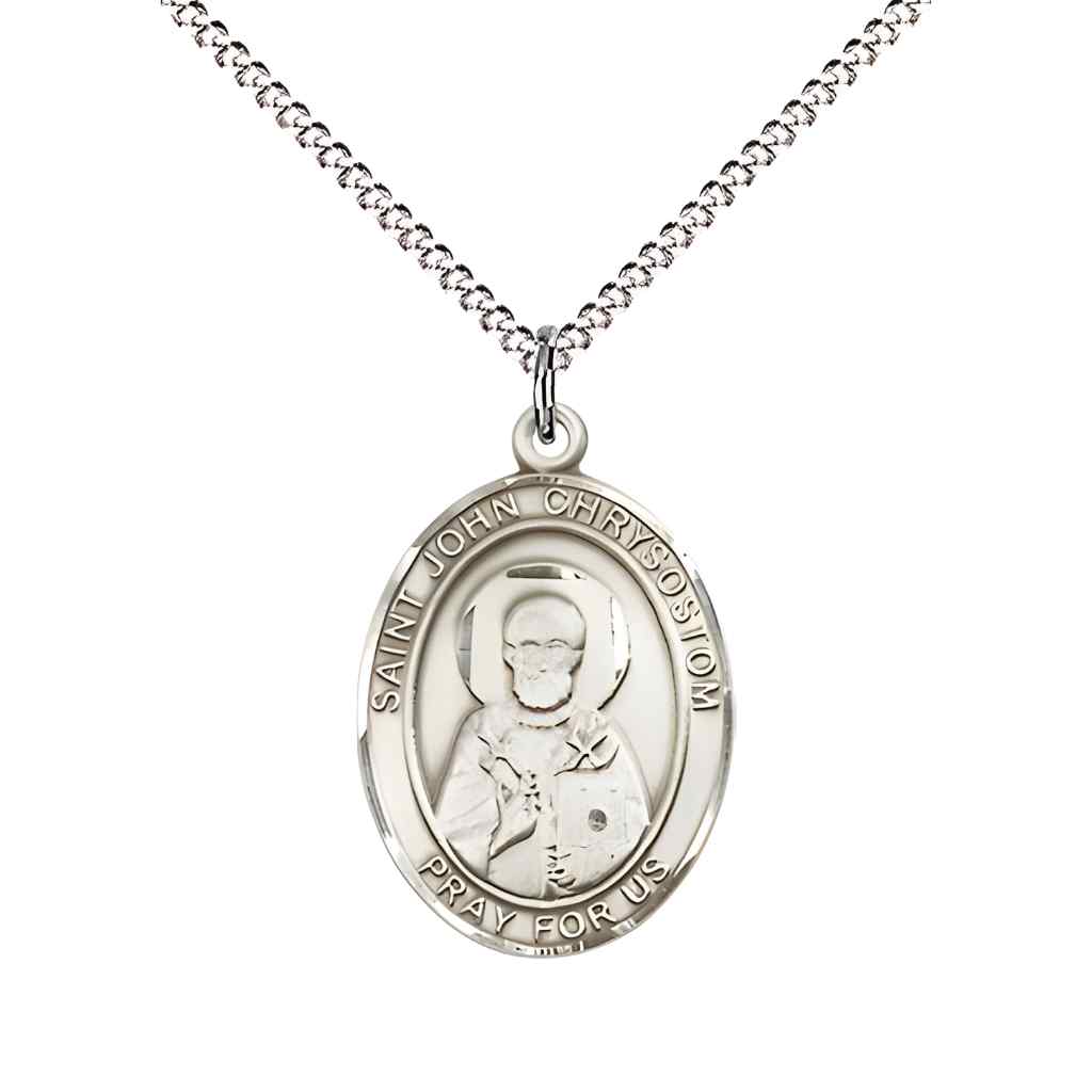 Medium John Chrysostom Pewter Oval Medal Pendant with Rhodium-plated Curb Chain with Deluxe Gift Box | Bliss Manufacturing