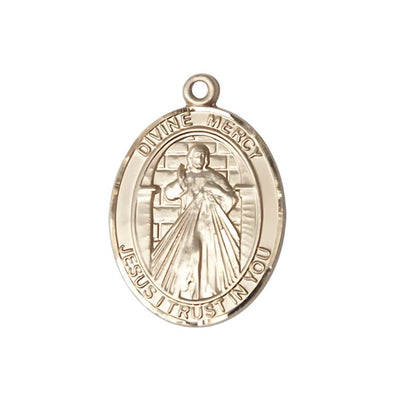 Divine Mercy 14kt Gold oval medium size medal in deluxe gift box shown in gift box, Bliss Manufacturing