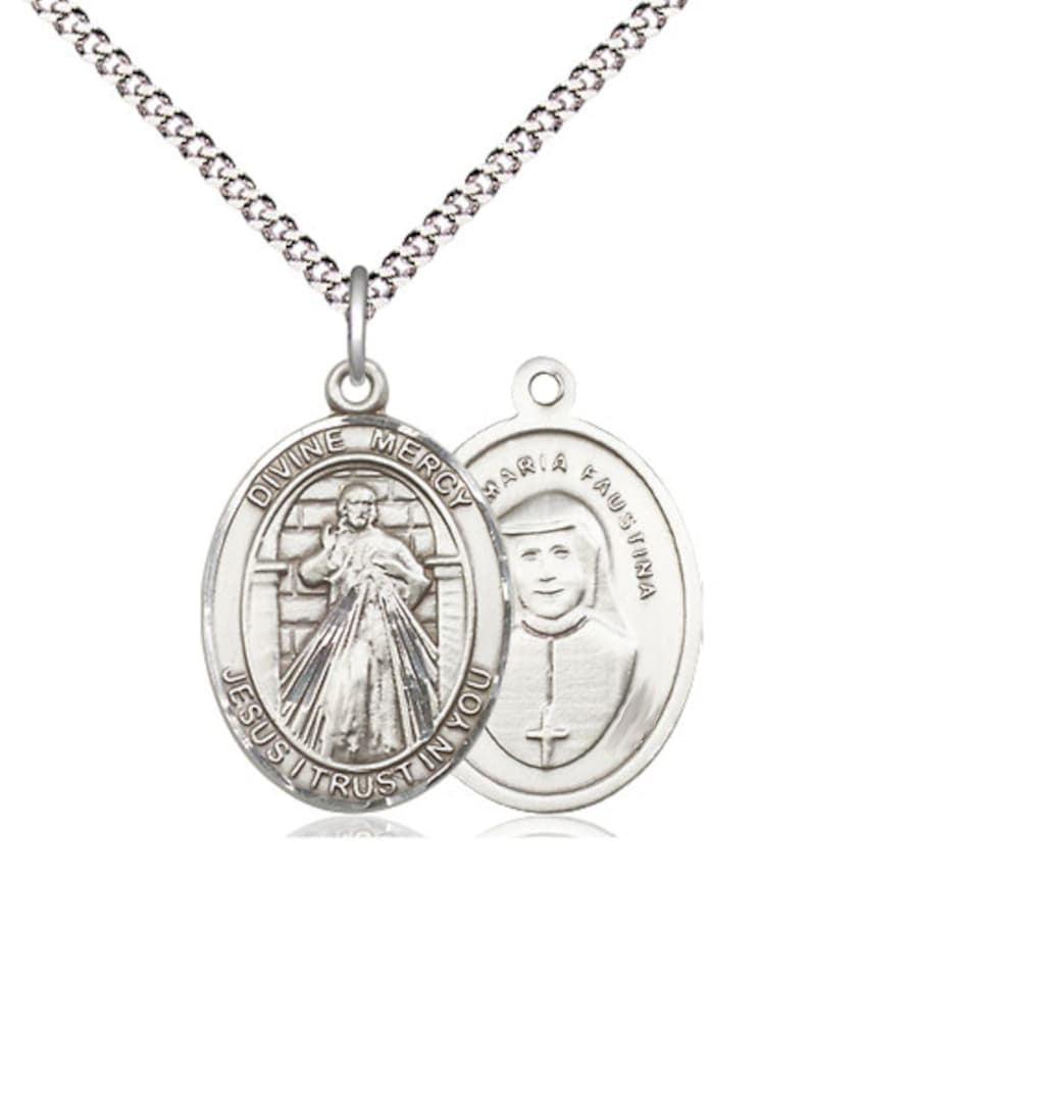 Bliss Divine Mercy Pewter Oval Engravable Medium Medal Necklace,