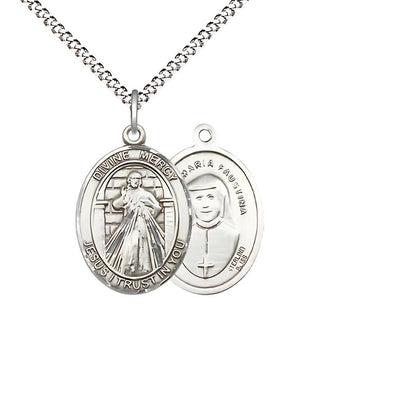Divine Mercy sterling silver oval medium size medal with St. Maria Faustina Kowalska, Bliss Manufacturing
