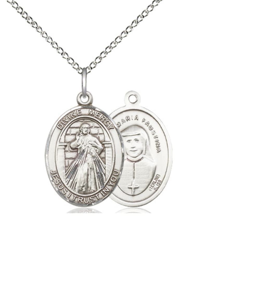 Bliss Divine Mercy Sterling Silver Oval Medium Medal Necklace with Sterling Chain,