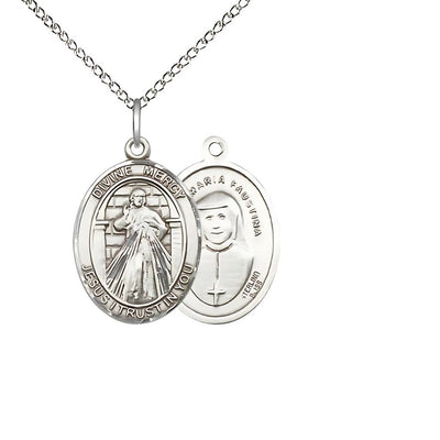 Divine Mercy & St. Maria Faustina Kowalska sterling silver oval medium with sterling silver chain, Bliss Manufacturing