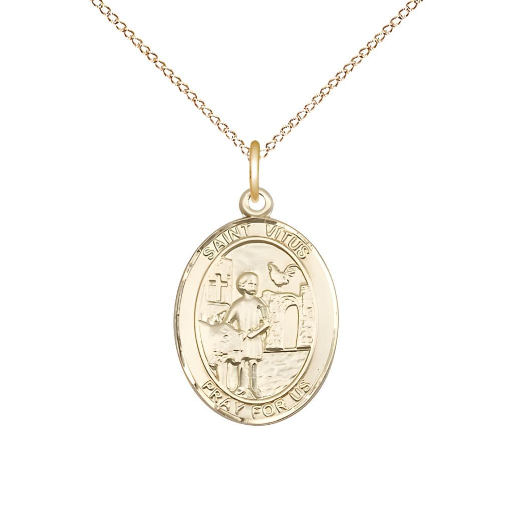 Bliss St. Vitus 14kt Gold Oval Medal Pendant with 14kt Gold Chain, Measures 3/4-inch tall by 1/2-inch wide.