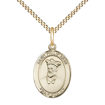 St. Philip Neri 14kt Gold-filled Oval Medal Pendant with Gold-plated Chain, Measures 3/4-inch tall by 1/2-inch wide. Deluxe Gift Box, Bliss Manufacturing