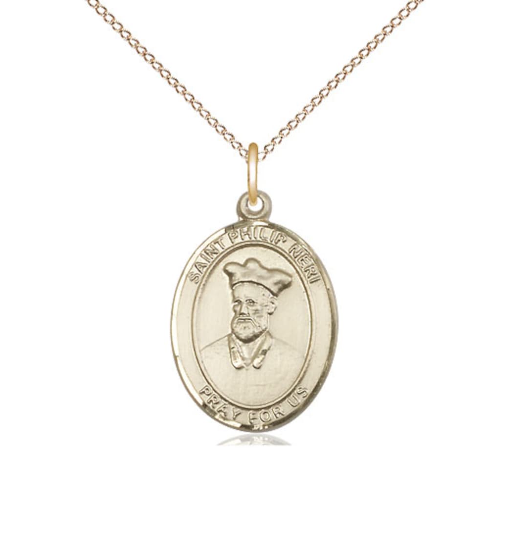 Bliss St Philip Neri Gold-filled Oval Engravable Medium Medal Necklace with Gold-filled Chain