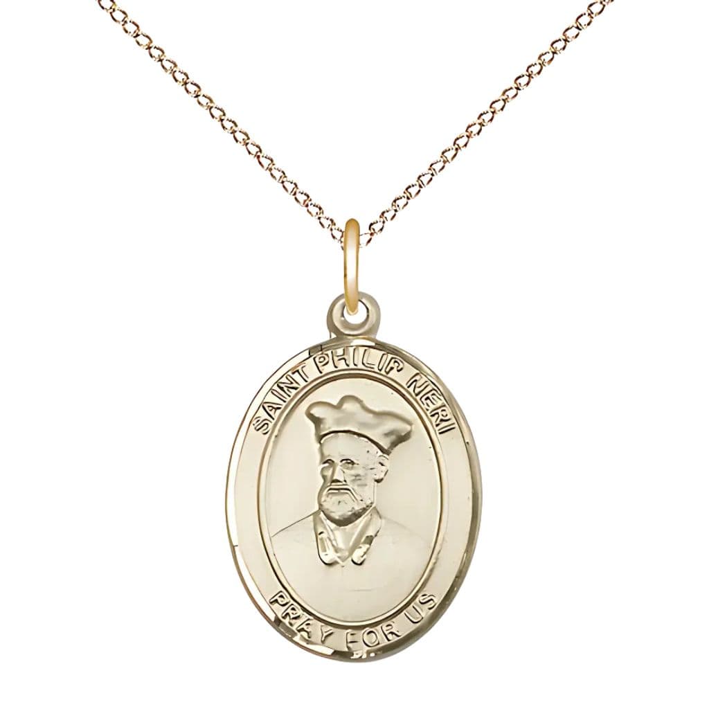 Bliss St. Philip Neri 14kt Gold Oval Medal Pendant with 14kt Gold Chain, Measures 3/4-inch tall by 1/2-inch wide. Deluxe Gift Box.