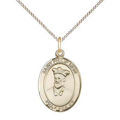 St. Philip Neri 14kt Gold Oval Medal Pendant with 14kt Gold Chain, Measures 3/4-inch tall by 1/2-inch wide. Deluxe Gift Box, Bliss Manufacturing