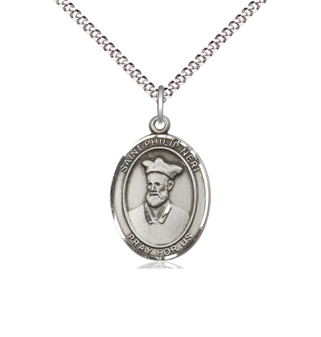 Bliss St Philip Neri Pewter Oval Engravable Medium Medal Necklace with Chain,