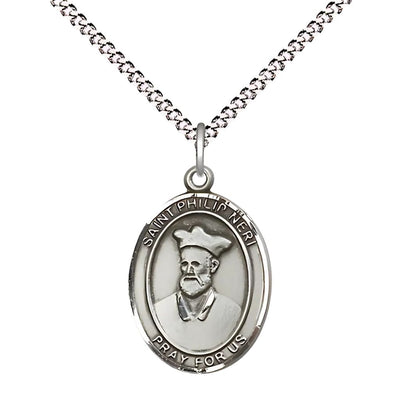 St. Philip Neri Sterling Silver Oval Medal Pendant with Rhodium-plated Chain, Measures 3/4-inch tall by 1/2-inch wide. Deluxe Gift Box, Bliss Manufacturing