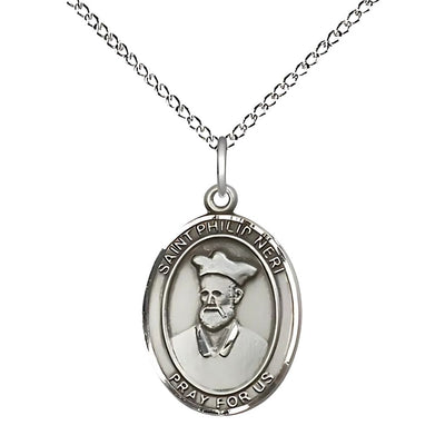 St. Philip Neri Sterling Silver Oval Medal Pendant with Sterling Silver Chain, Measures 3/4-inch tall by 1/2-inch wide. Deluxe Gift Box, Bliss Manufacturing