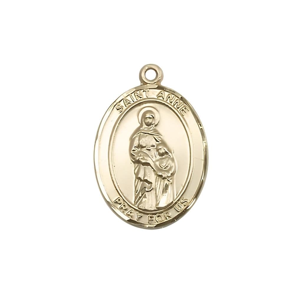 Bliss St. Anne 14kt Gold Oval Medal Pendant, Measures 3/4-inch tall by 1/2-inch wide. Deluxe Gift Box.