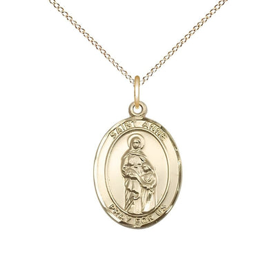 St. Anne 14kt Gold Oval Medal Pendant with 14kt Gold Chain, Measures 3/4-inch tall by 1/2-inch wide. Deluxe Gift Box, Bliss Manufacturing