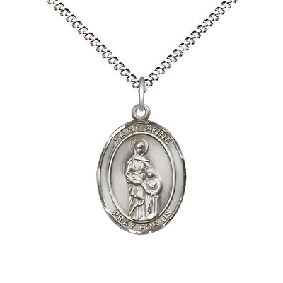 St. Anne Sterling Silver Oval Medal Pendant with Rhodium-plated Chain, Measures 3/4-inch tall by 1/2-inch wide. Deluxe Gift Box, Bliss Manufacturing