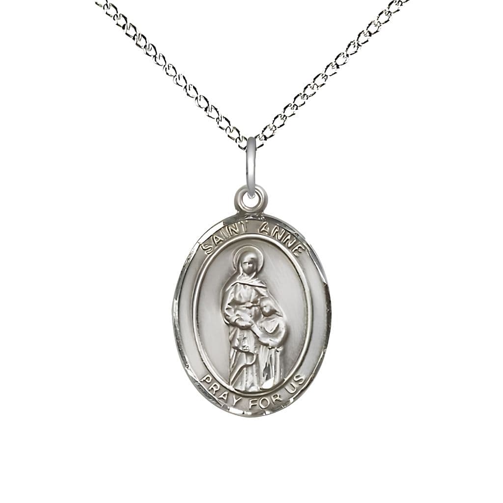 Bliss St. Anne Sterling Silver Oval Medal Pendant with Sterling Silver Chain, Measures 3/4-inch tall by 1/2-inch wide. Deluxe Gift Box.