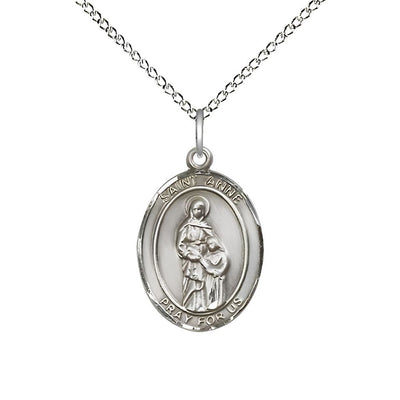 St. Anne Sterling Silver Oval Medal Pendant with Sterling Silver Chain, Measures 3/4-inch tall by 1/2-inch wide. Deluxe Gift Box, Bliss Manufacturing