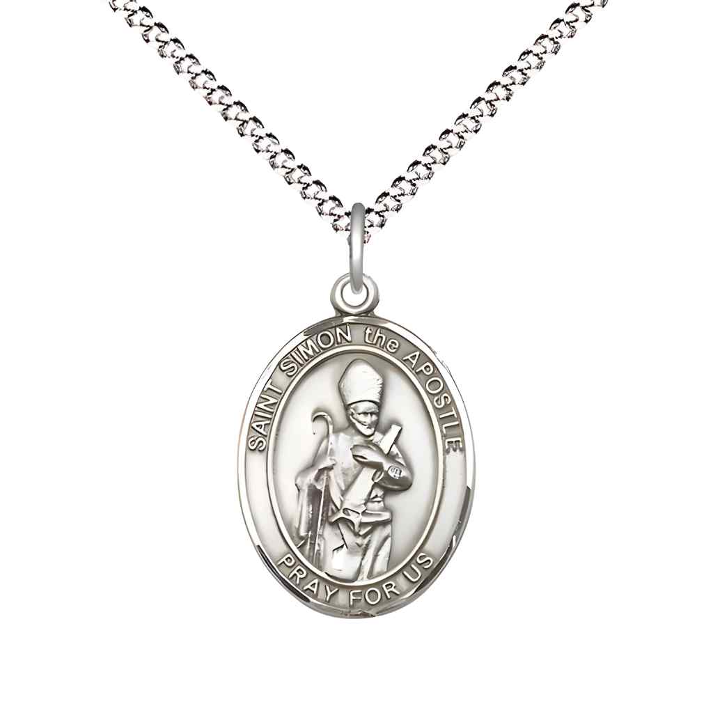 Medium Saint Simon the Apostle Pewter Oval Medal Pendant with Rhodium-plated Curb Chain with Deluxe Gift Box | Bliss Manufacturing