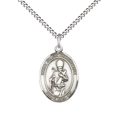 Medium Saint Simon the Apostle Pewter Oval Medal Pendant with Rhodium-plated Curb Chain with Deluxe Gift Box | Bliss Manufacturing