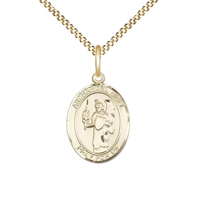 St. Uriel the Archangel 14kt Gold-filled Oval Medal Pendant with Gold-plated Chain, Measures 3/4-inch tall by 1/2-inch wide, Bliss Manufacturing