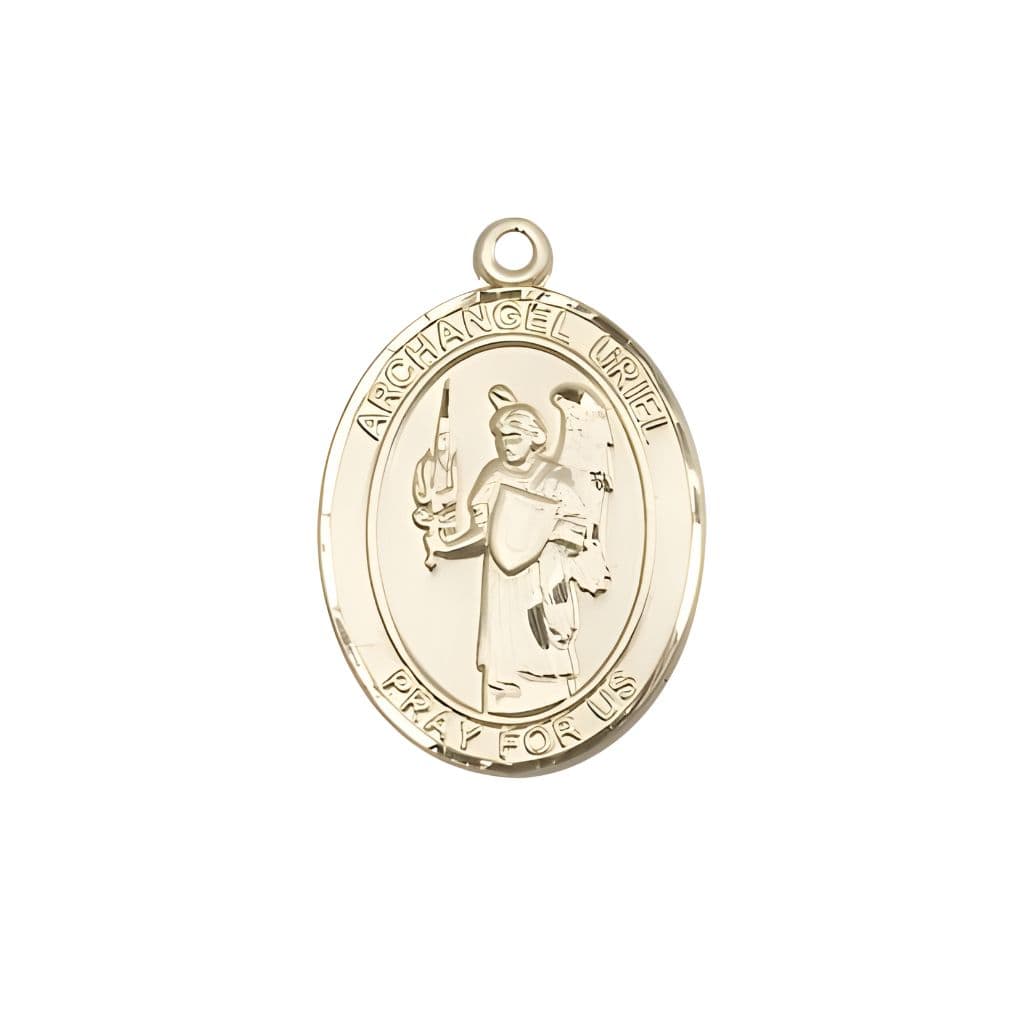 Bliss St. Uriel the Archangel 14kt Gold Oval Medal Pendant, Measures 3/4-inch tall by 1/2-inch wide.