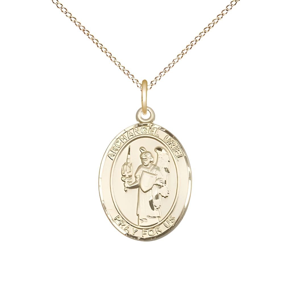 Bliss St. Uriel the Archangel 14kt Gold Oval Medal Pendant with 14kt Gold Chain, Measures 3/4-inch tall by 1/2-inch wide.