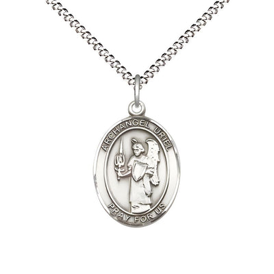 St. Uriel the Archangel Sterling Silver Oval Medal Pendant with Rhodium-plated Chain, Measures 3/4-inch tall by 1/2-inch wide, Bliss Manufacturing